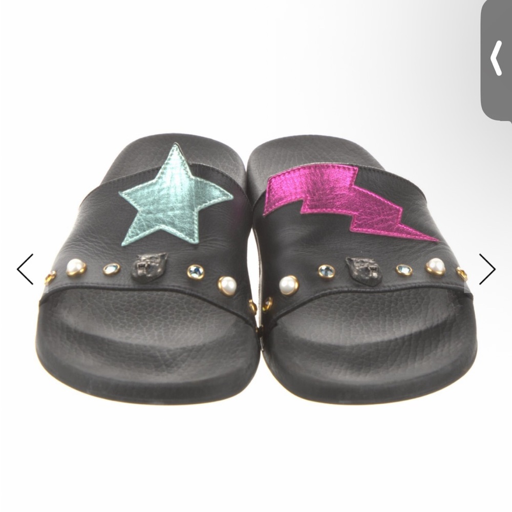 Gucci Faux Pearl Accent Leather Slides, Black leather, Size 10